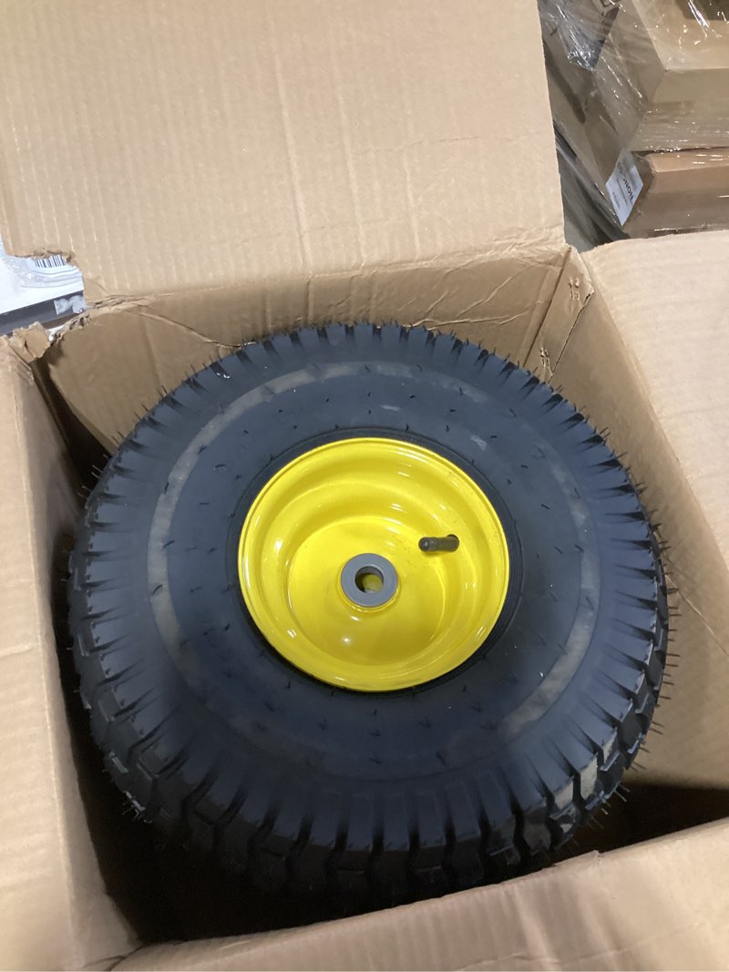 Condition photo showing Good Condition for ar-pro (2 pack) exact replacement 15" x 6.00-6 front tire and wheel assemblies compatible with john deere riding mowers tractor and more - 3" offset hub and 3/4" bushings, 4ply pneumatic 15 x 6.00-6" pneumatic (offset hub) yellow
