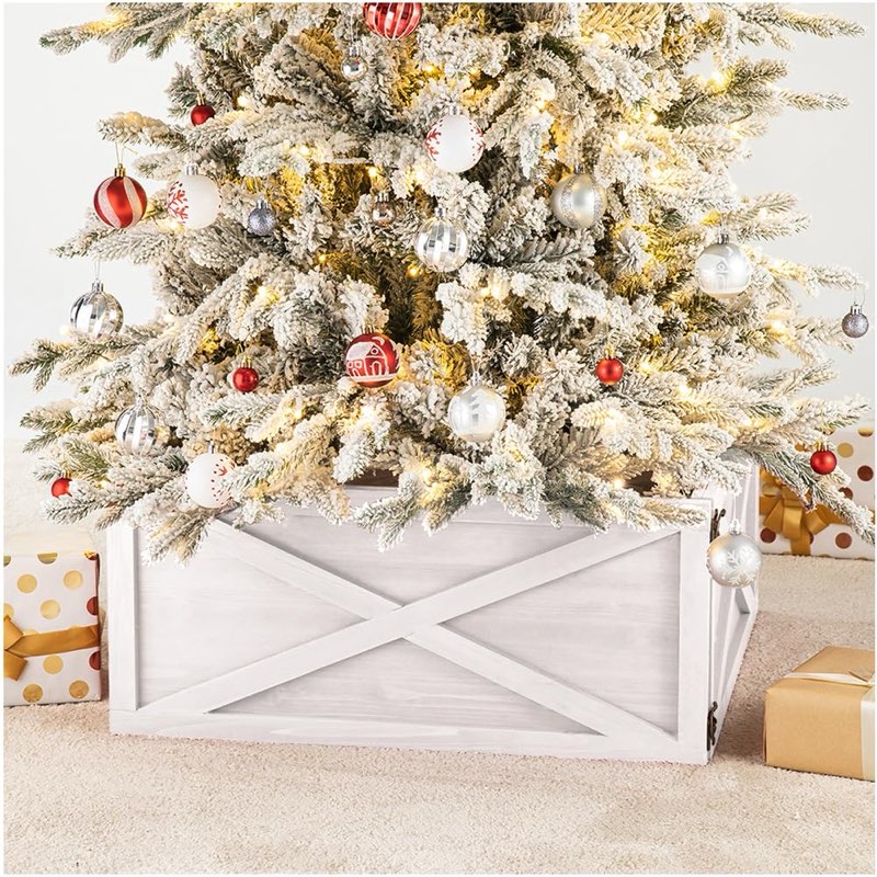 Glitzhome 22" L White Wooden Tree Collar, Christmas Tree Base Cover, Christmas Tree Collar for 7.5ft