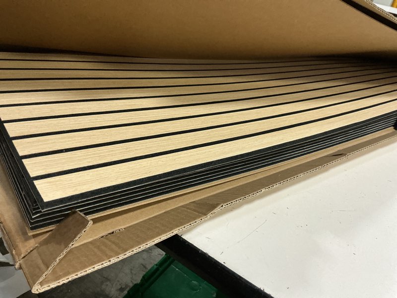 Condition photo showing Good Condition for modern wood slat wall panels, peel and stick acoustic panels, self-adhesive wall covering and easy installation, 8-pack 47.24x11.81in. natural wood finish (oak)