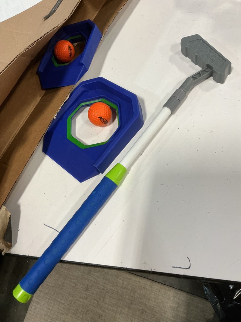 Condition photo showing As Is for nerf trick shot golf set - indoor + outdoor putting trick shot kids golf set - includes putter, balls, ramp + cups - all-in-one toy for kids blue