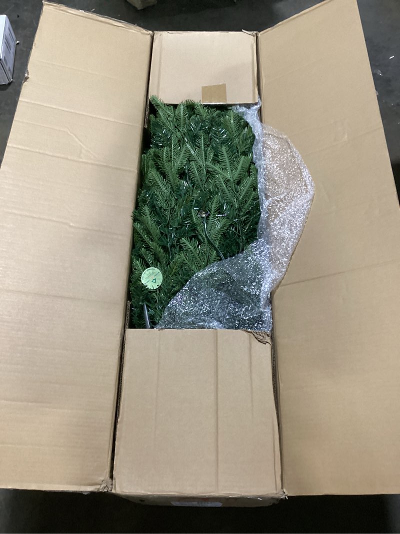 Condition photo showing As Is for National Tree Company 'Feel Real' Pre-lit Artificial Christmas Tree | Includes Pre-strung White Lights and Stand | Norwegian Spruce - 7.5 ft 7ft 7in
