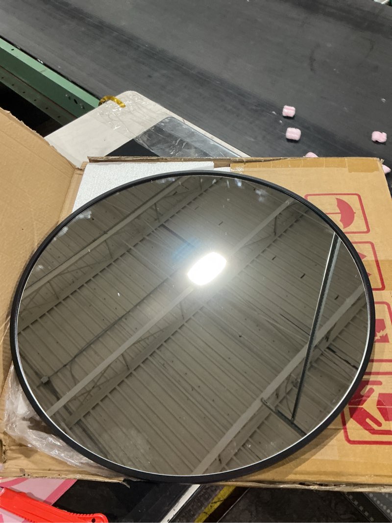 Condition photo showing As Is for 22 Inch Black Round Circle Mirror for Wall,Modern Bathroom Mirrors with Simple Metal Frame, Entryway, Bedroom Vanity, Living Room, Hallway Decor (Matte Black, Wall Mounted) Round Black 22"L x 22"W