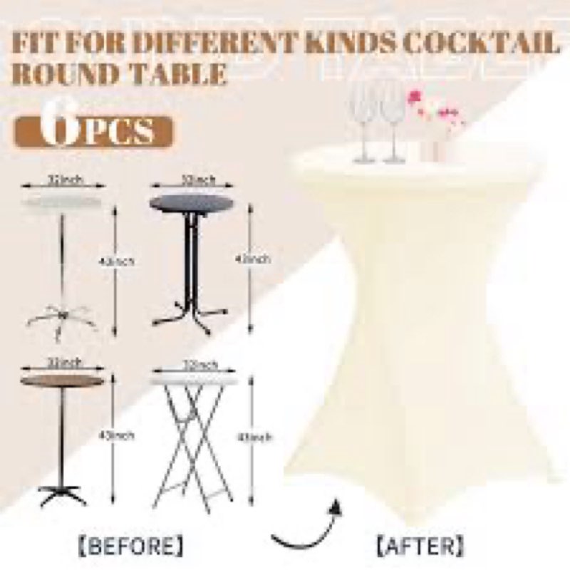 6 Pack 32x43 Inch Spandex Cocktail Table Covers, High Top Table Cloths, Fitted Highboy Stretch Cockt