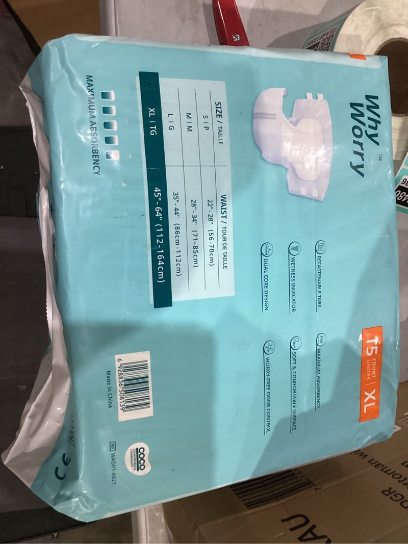 Condition photo showing New/Like New for WhyWorry Adult Diapers with Tabs, Disposable Incontinence Briefs for Women & Men with Maximum Absorbency, Adult Briefs for Incontinence Overnight, Odor Control, Unisex, XLarge, 15 Count X-Large 15