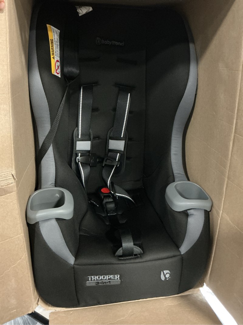Condition photo showing As Is for baby trend trooper™ slim 3-in-1 convertible car seat, dash black – slim fit, 3-in-1 growth modes, lightweight design, adjustable comfort padding dash black trooper slim