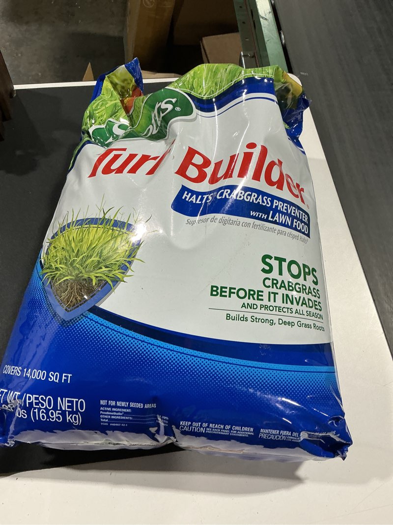 Condition photo showing Good Condition for scotts turf builder halts crabgrass preventer with lawn food - pre-emergent weed killer, lawn fertilizer, 14,000 sq. ft., 37.38 lb. 14,000 sq. ft. 1 pack