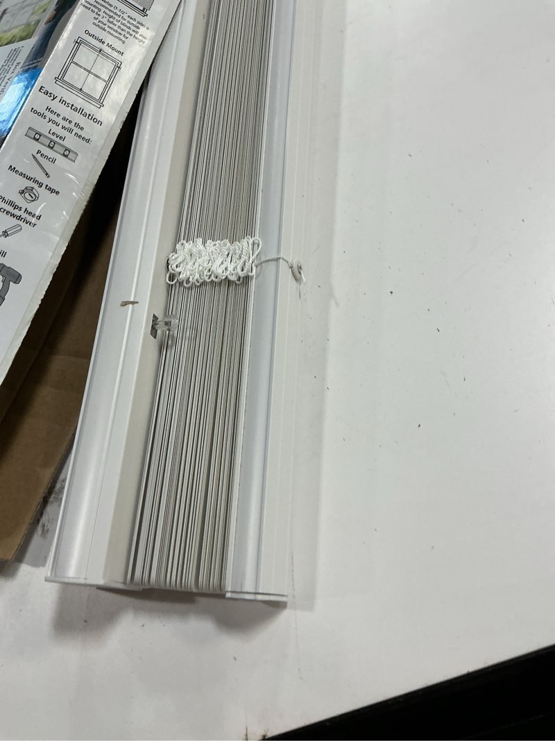 Condition photo showing As Is for mainstays 1  cordless vinyl light filtering mini blinds  1-piece  white  33  w x 64  l