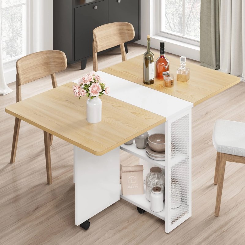 Garvee 47.2" Drop Leaf Dining Table in Movable Design with 2 Storage Shelf and 6 Wheels, White