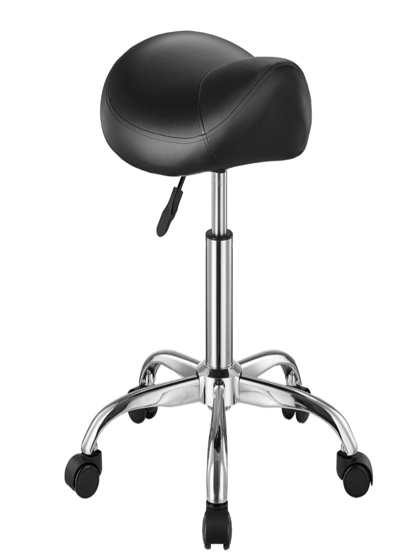 vevor saddle stool with wheels, 450 lbs weight capacity ergonomic rolling stool, height adjustable thickened pu leather swivel saddle chair for salon, spa, massage, tattoo, clinic, black