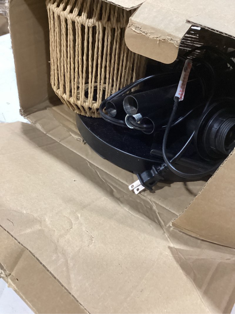 Condition photo showing As Is for ROTTOGOON Dimmable Boho Floor Lamp - 3 Light Farmhouse Rattan Floor Lamp for Living Room, Industrial Tree Floor Lamps with 3 X 6W LED Bulbs, Rustic Standing Tall Lamp for Bedroom, Office, 68", Black Black+Brown Lampshades