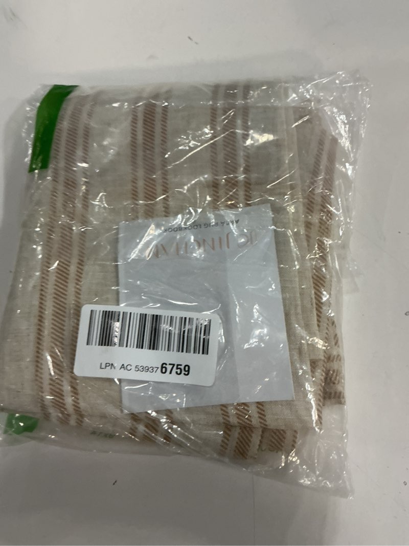 Condition photo showing New/Like New for jinchan Taupe Striped Linen Kitchen Curtains 45 Inch Cafe Tier Curtains Balanced Stripe Farmhouse Small Drapes for Bathroom Laundry Over Sink Half Window Light Filtering 2 Panels Tan on Linen 26"W x 45"L (Pack of 2) Striped Tan on Linen