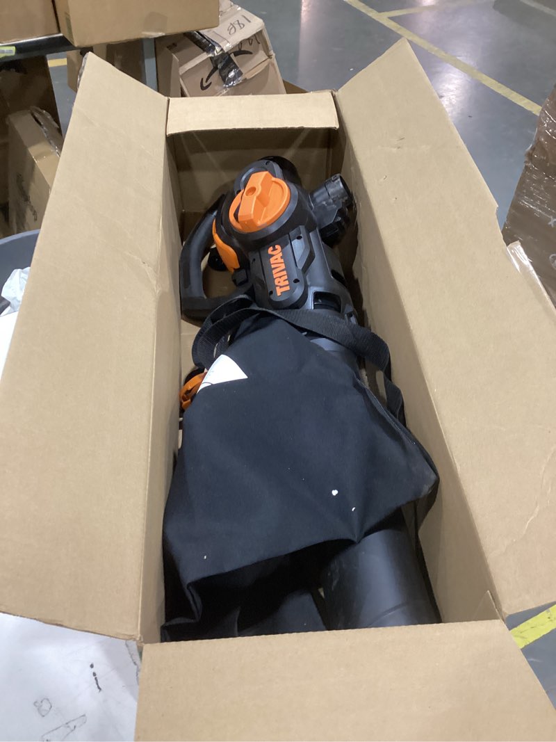 Condition photo showing As Is for worx trivac 3 in 1 electric leaf blower for lawn care, leaf vacuum with 600 cfm, leaf mulcher with metal impeller, wg512 600cfm blower/vac/mulcher