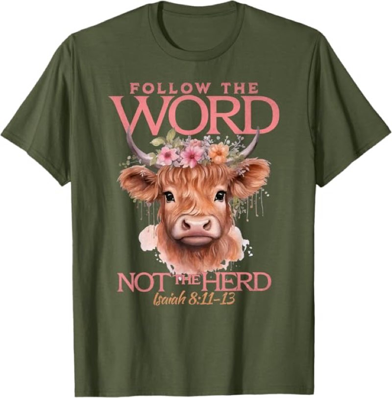 (Size:XL)Follow The Word Not The Herd Christian Western Highland Cow T-Shirt