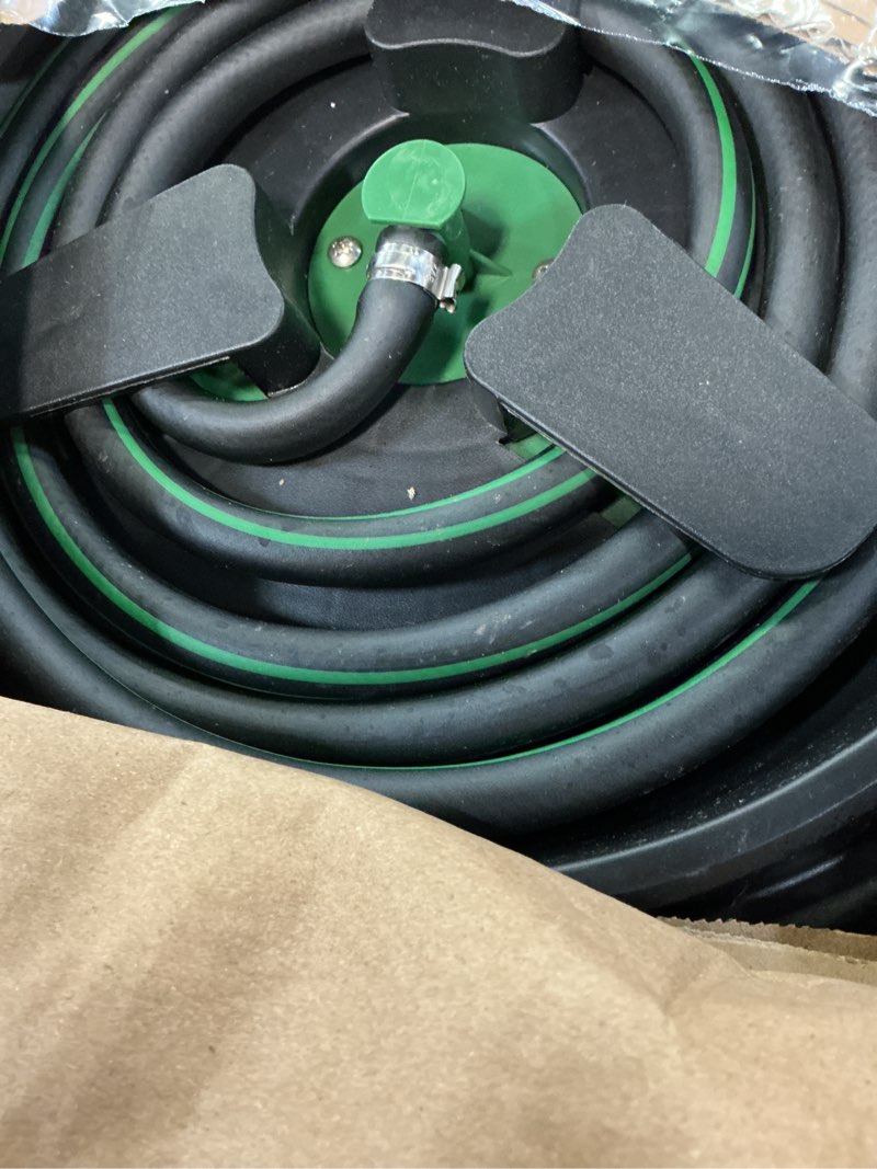 Condition photo showing As Is for 1/2" x 50ft retractable garden hose reel?with 10 patterns spray nozzle?portable heavy duty garden hose holder for garden watering?car & patio washing?pet cleaning?green? green 50ft