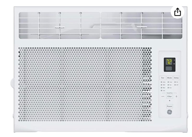  ge 6,000 btu electronic window air conditioner, cools rooms up to 250 sq ft, digital controls with remote, energy saver mode, 24hr timer, easy install kit included, white