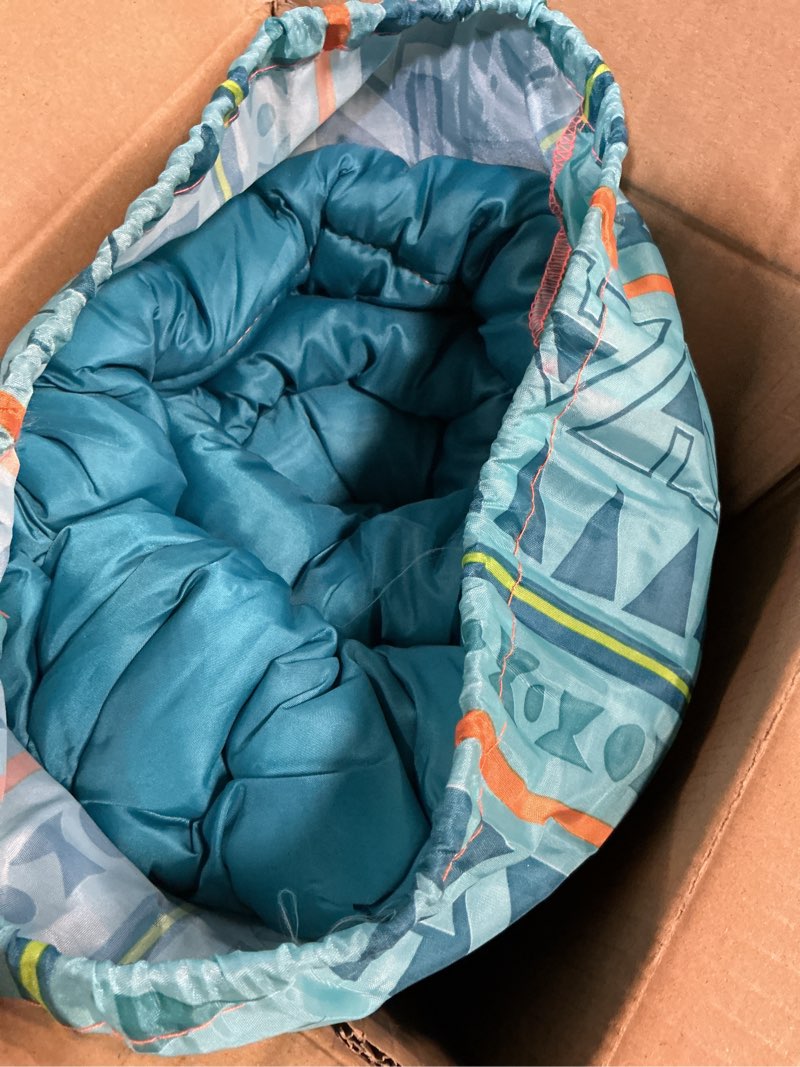 Condition photo showing Good Condition for coleman kids 50°f sleeping bag, comfortable youth sleeping bag for sleepovers & camping, fits children up to 5ft tall, glow in the dark design, stuff sack included, machine washable teal pfas-free