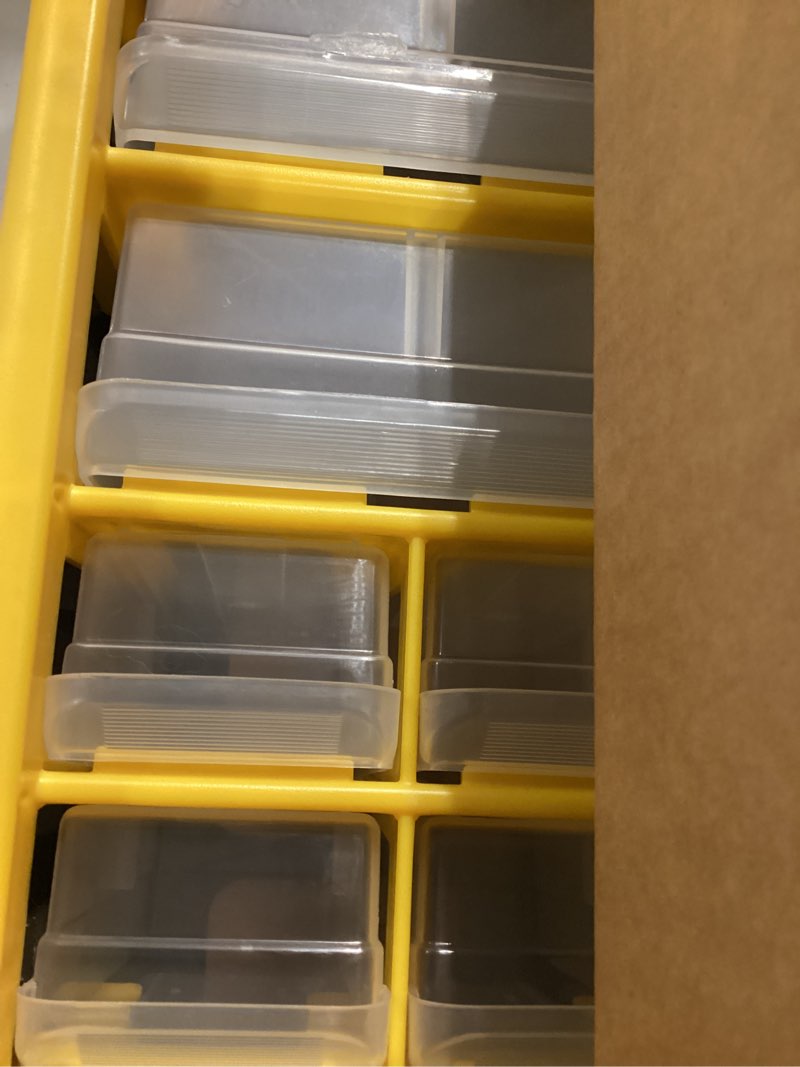 Condition photo showing Good Condition for akro-mils 44-drawer plastic storage cabinet, 20"w x 6"d x 16"h, yellow | plastic cabinet w/ drawers for garage organization, beads, building bricks storage, teacher toolbox, makeup organizer, 10144 yellow 44 drawer 1 pack