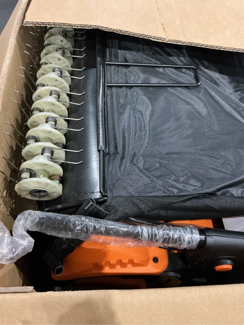 Condition photo showing As Is for lawnmaster 48v max brushless 16” 2-in-1 cordless dethatcher and scarifier with removable thatch collection bag quick-fold – clgvb4816