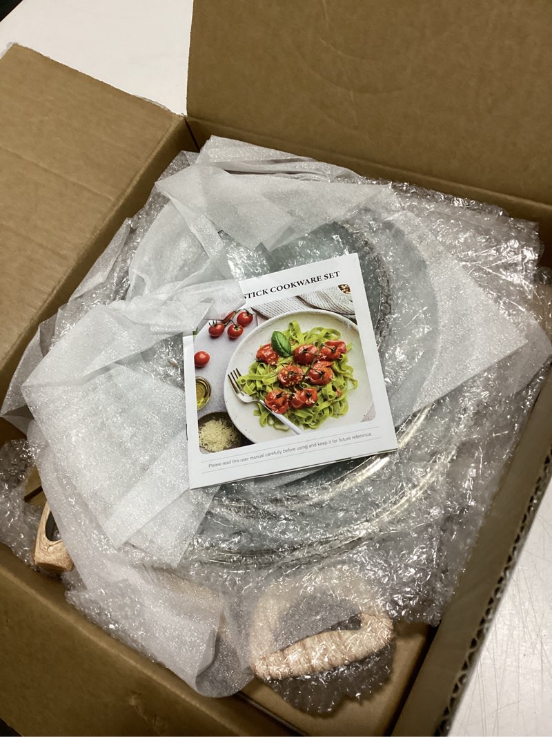 Condition photo showing Good Condition for 12 Pcs Pots and Pans Set Non Stick, Cookware Sets Black Granite Induction Cookware, Non-toxic Healthy Nonstick Kitchen Cooking Set with Frying Pans Set, Saucepans (PFAS/ PFOA/ PFOS Free) Black 12 Pieces