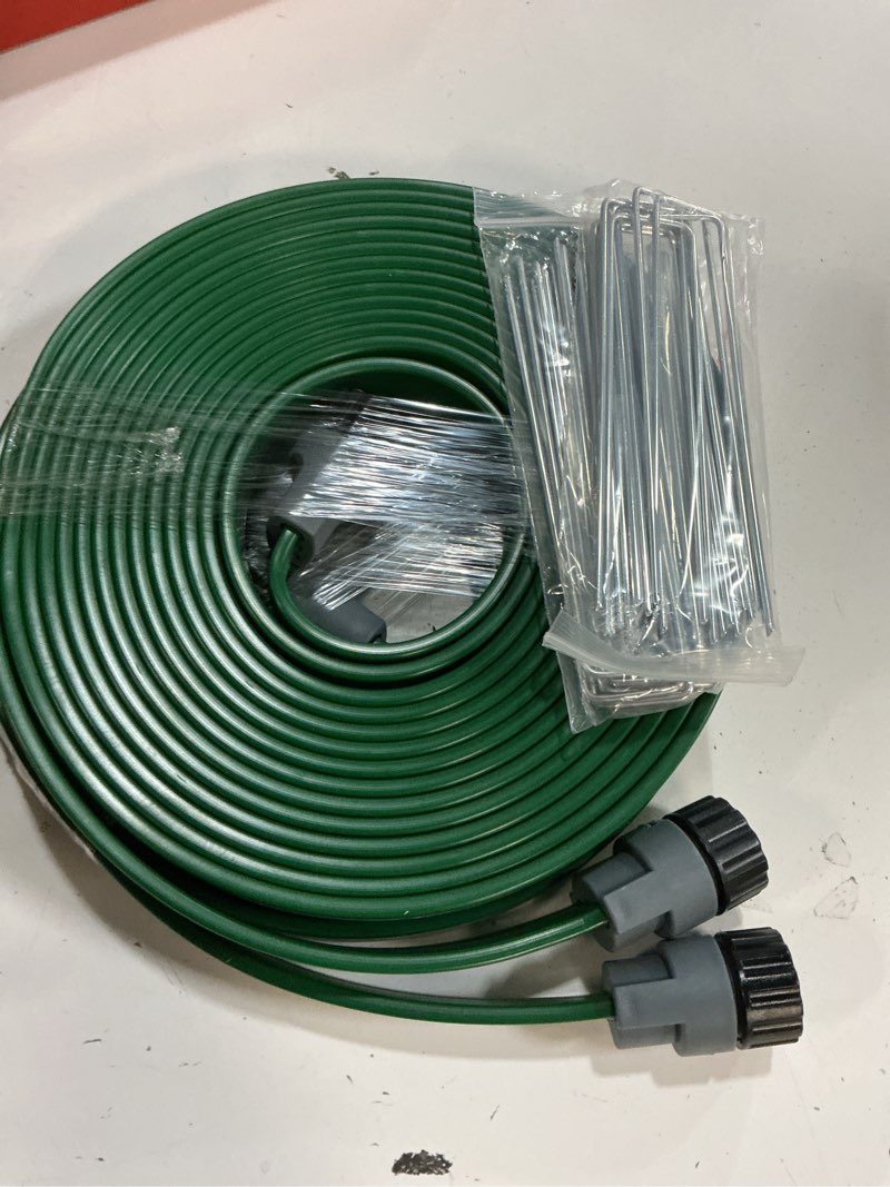 Condition photo showing Good Condition for jin&bao sprinkler hose with holes 25ft 2pack, heavy duty watering garden hose, high-efficiency sprinklers system for lawn and garden with staples 50ft(25ft*2)