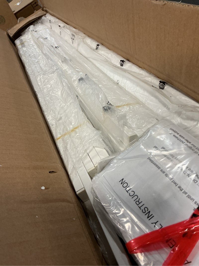 Condition photo showing Good Condition for 16 inch full bed frames, platform bed with metal gaskets, no box spring needed, anti-slip mattress stopper, heavy duty steel slat support, round corner leg, easy assembly, white full 16 inch