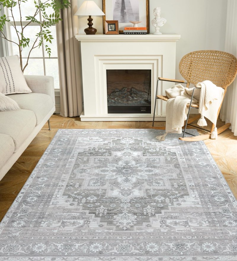 DriftAway Area Rug 5x7 Washable Rugs for Living Room Non Slip Rubber Backing Low Pile Non Shedding Carpet Friendly Boho Foldable Vintage Rugs for Bedroom Dining Room Gray