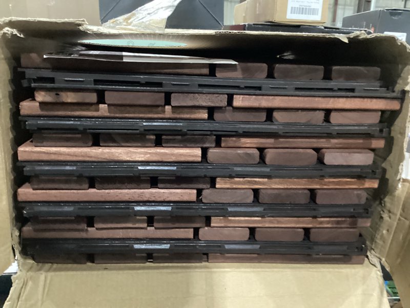 Condition photo showing Good Condition for thyoi 10 pcs interlocking deck tiles 12  x 12   patio flooring outdoor waterproof  acacia wood tiles all weather  floor tiles for balcony  backyard  indoor and outdoor use (square joint  dark brown)