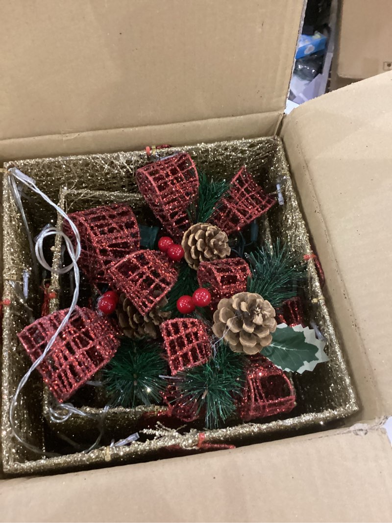 Condition photo showing As Is for VINGLI Christmas Lighted Gift Boxes Set of 2with Plug, Weather Proof Nestable Present Boxes Ornament Home Decor Pre-lit 60 LED Lights Pre-Secured Bowknot for Indoor or Outdoor Christmas Decorations Golden