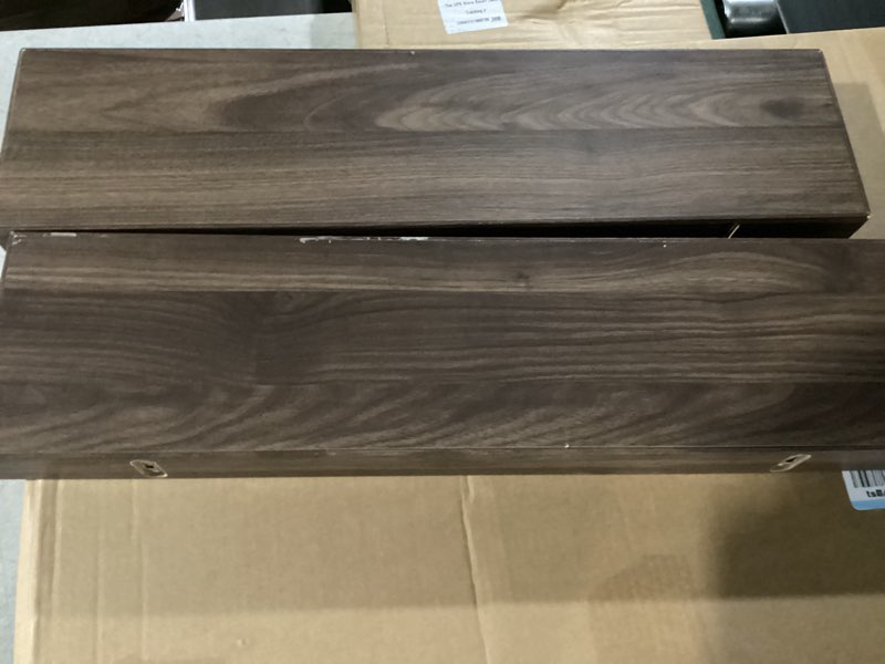 Condition photo showing As Is for heimlove 24 inch floating shelves for wall,mounted storage wood shelves with invisible brackets hanging shelf for bedroom,living room,kitchen,office,set of 2,walnut color walnut 23.6", set of 2