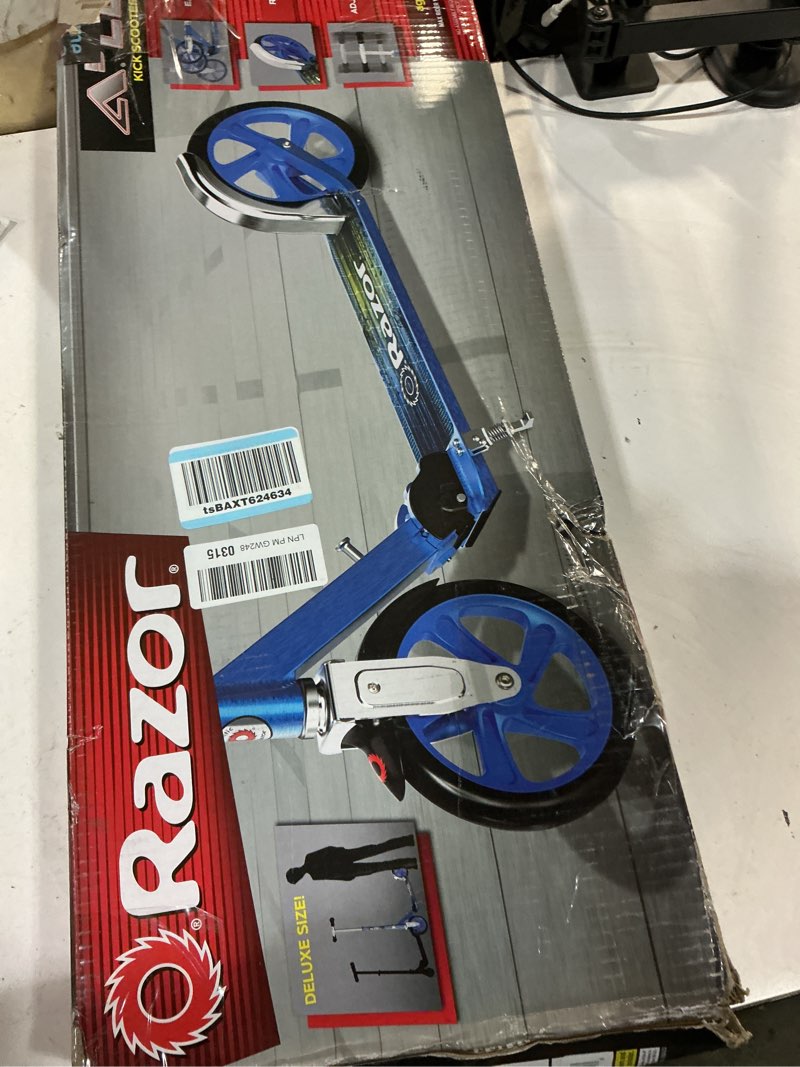 Condition photo showing Good Condition for razor a5 lux kick scooter for kids ages 8+ - 8" urethane wheels, anodized finish featuring bold colors and graphics, for riders up to 220 lbs blue scooter
