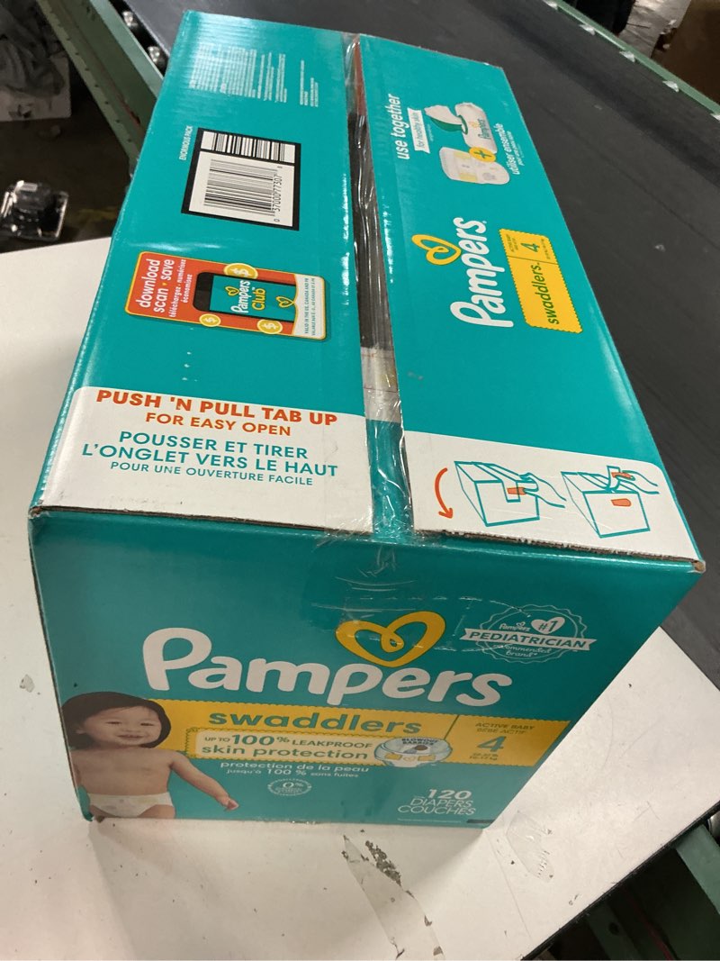 Condition photo showing New/Like New for Pampers Swaddlers Diapers, Size 4 (15-34 lbs), 120 Count, Absorbent, Keeps Baby Dry and Comfortable, Skin Safe Disposable Baby Diaper (Packaging May Vary) Size 4 120