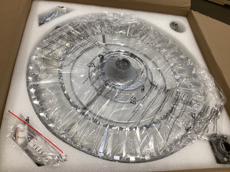 Condition photo showing As Is for 48" fandelier ceiling fan with light,silver retractable ceiling fans with remote control,rgb chandelier ceiling fan with 6-speed reversible blades,app control chrome(with rgb and speaker)
