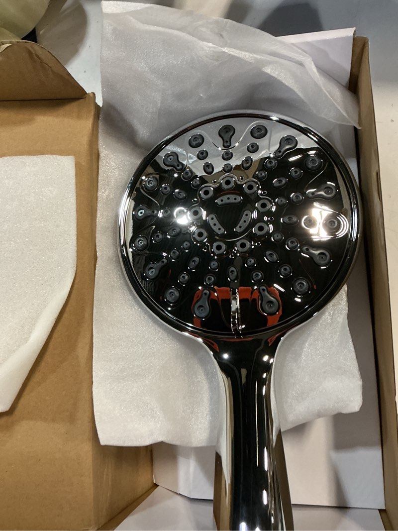 Condition photo showing New/Like New for handheld shower head, 6" chrome face 6 spray setting shower head with high pressure, brass swivel ball mount and extra long flexible stainless steel hose standard 2.5 gpm chrome