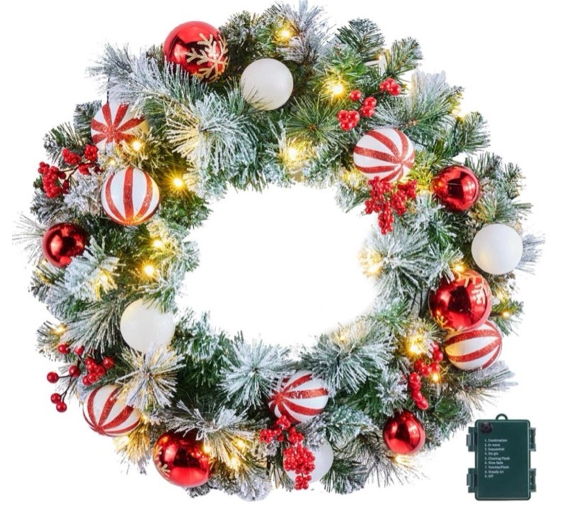 pre-lit artificial christmas wreath 24inch, christmas door decorations wreath with 50led warm lights