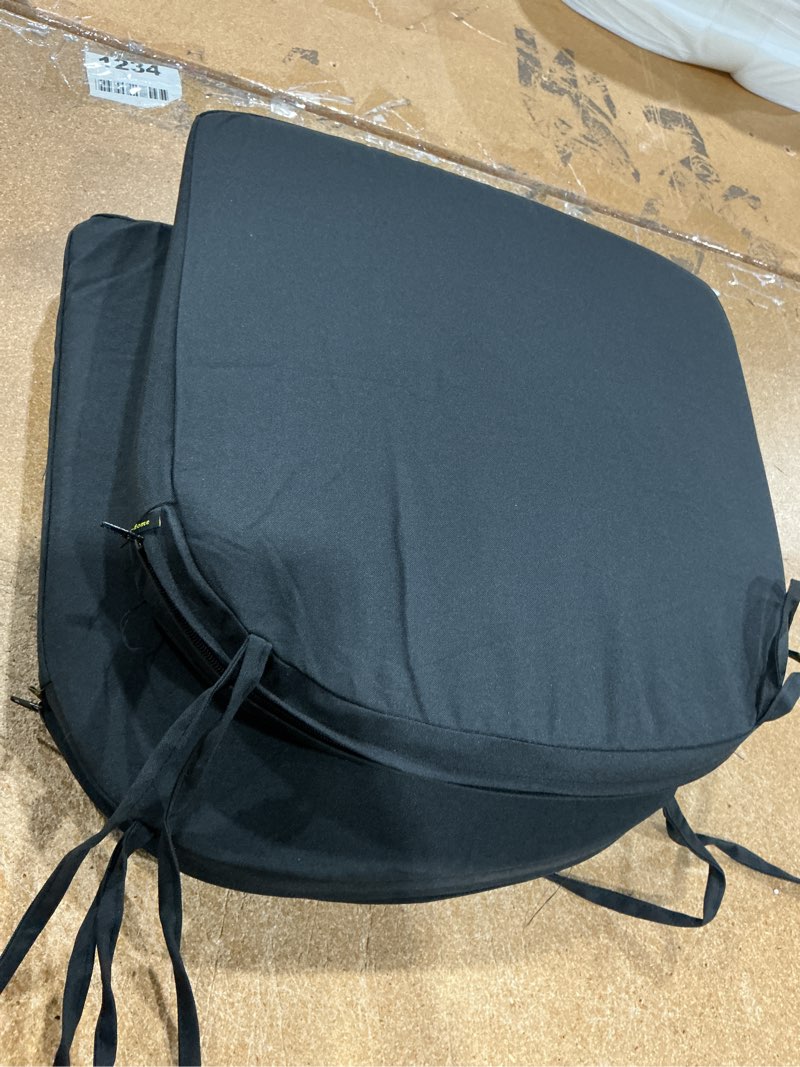 Condition photo showing Good Condition for idee-home outdoor chair cushions set of 2, 17" x 17" thick d-shaped patio furniture outdoor seat cushions waterproof with ties, dining pads 17x17x2 inch black 2