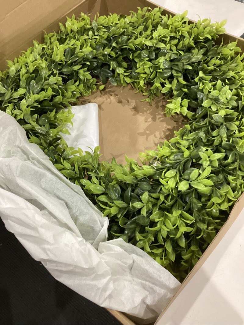 Condition photo showing Good Condition for 24-26 inch large boxwood wreath spring summer with sash artificial green wreaths for front door farmhouse wedding window hanging wall all year round indoor & outdoor st patrick's day decor