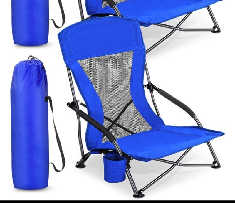 1 Low Beach Chairs for Adults Portable Folding Beach Chairs with Cup Holder & Carry Bag Low Back Travel Beach Chair Compact Beach Chairs Lightweight Low Profile Lawn Chairs for Concerts