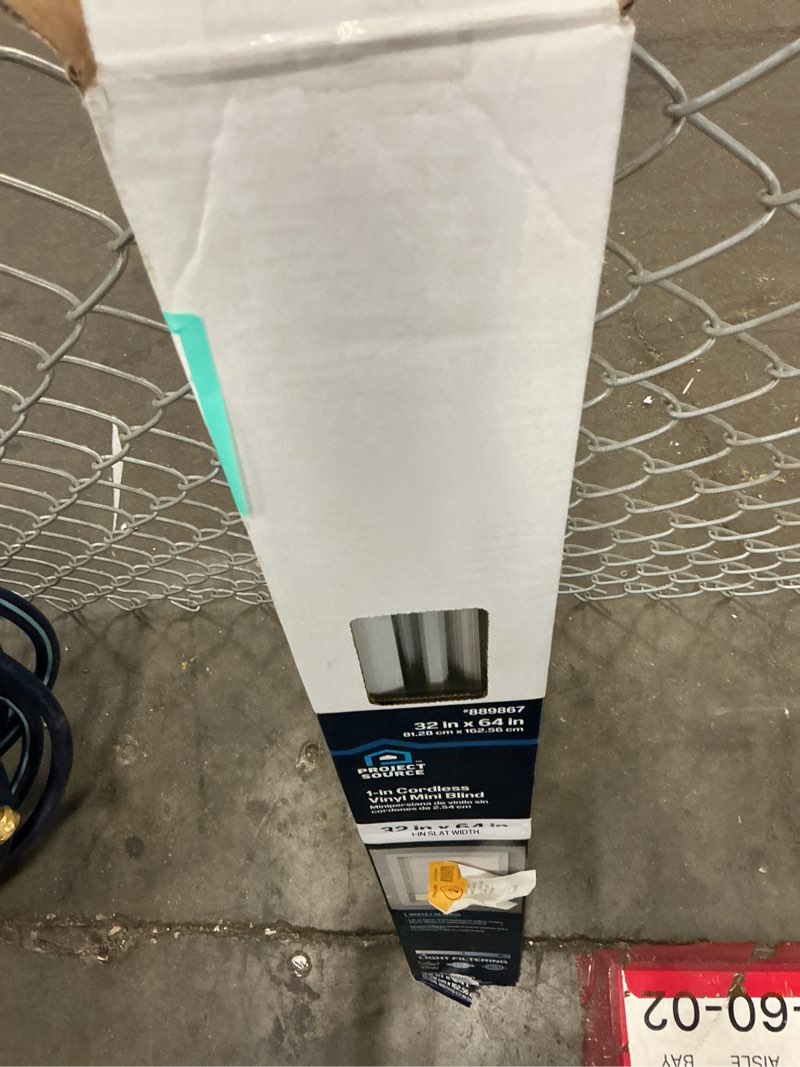 Condition photo showing As Is for project source light filtering 1-in slat width 32-in x 64-in cordless white vinyl light filtering mini-blinds