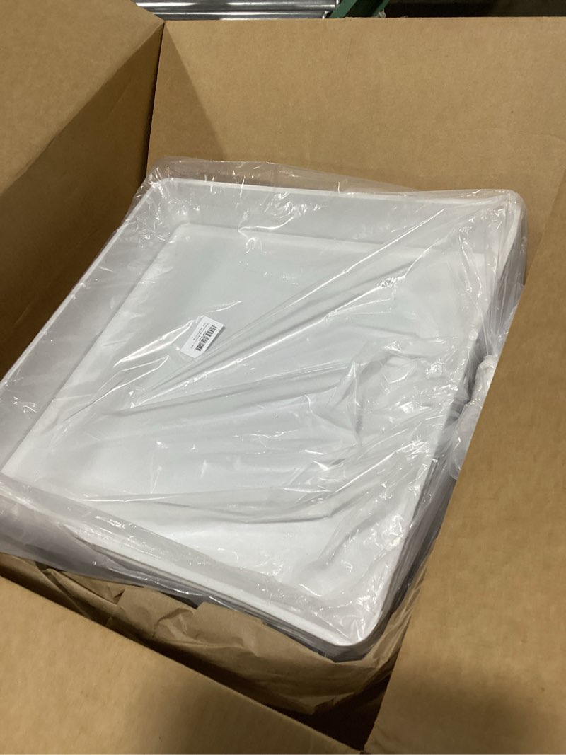 Condition photo showing As Is for square plant saucer 18 inch 5 pack, planter trays for flower pots, plant water catcher drip dishes, plastic bottom watering plates indoors and outdoors - black