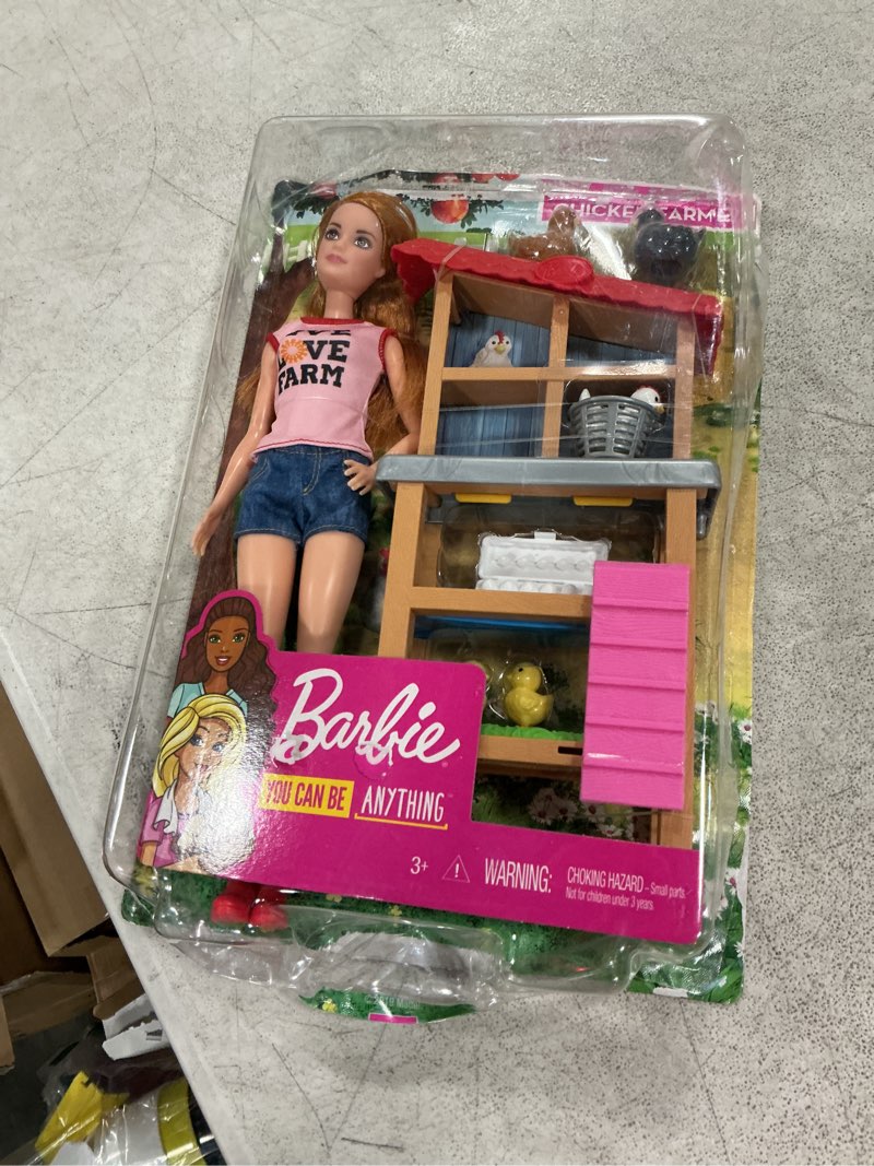 Condition photo showing Good Condition for barbie chicken farmer doll, red-haired, and playset with henhouse, 3 chickens, 2 chicks and more, career-themed toy for 3 to 7 year olds (amazon exclusive)