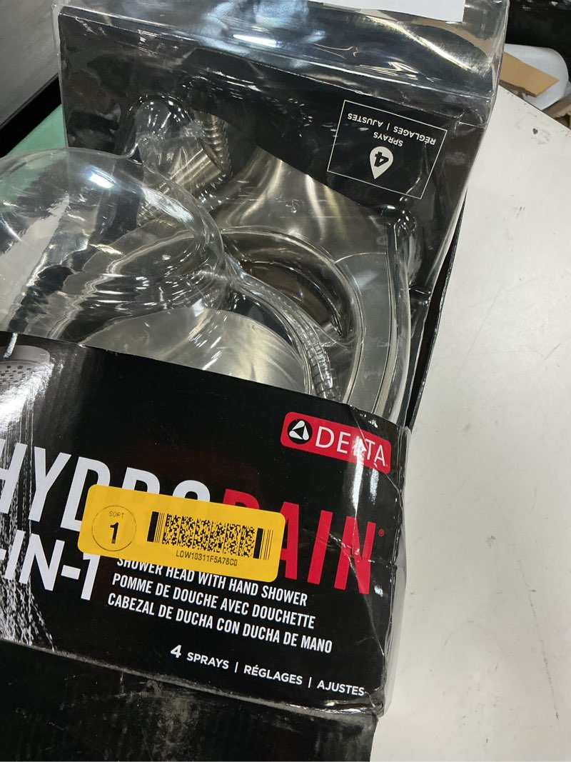 Condition photo showing As Is for delta hydrorain 4-settings spotshield brushed nickel 6-in round dual/combo rain shower head 2.5 gpm