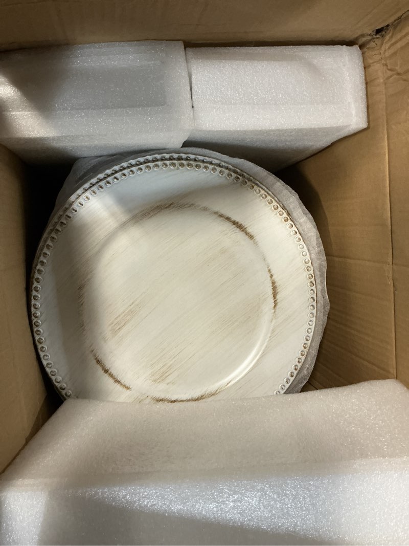 Condition photo showing Good Condition for 50 Pcs Vintage Bulk Plates, 13" Round White Decorative Plastic Table Chargers for Wedding, Holiday, Baby Shower Vintage White 50 Pcs