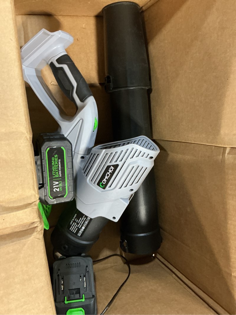 Condition photo showing Good Condition for comchoi electric leaf blower cordless, 680 cfm 5 speed mode, 2 batteries & charger, handheld leaf blowers for lawn care, portable lightweight grass blower for yard, patio & outdoor use neon gray