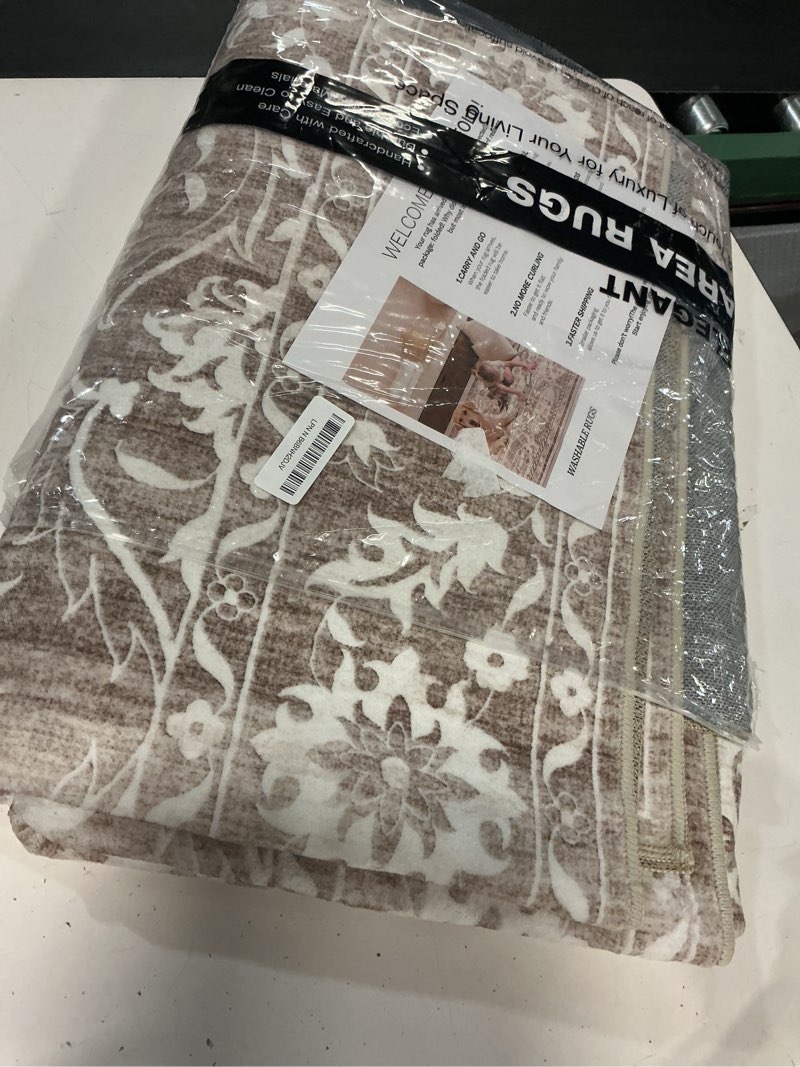 Condition photo showing Good Condition for 5x7 area rugs for living room, washable vintage floral non-slip low pile natural rug soft throw carpet for dining room bedroom home office nursery (light brown, 5'x7') 5' x 7' (rectangular) light brown
