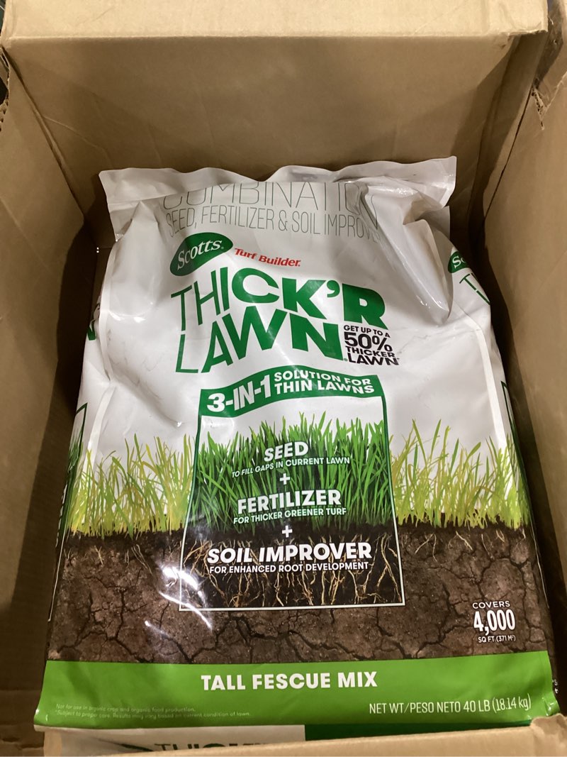 Condition photo showing New/Like New for scotts turf builder thick'r lawn grass seed, fertilizer and soil improver tall fescue mix, 40 lbs.
