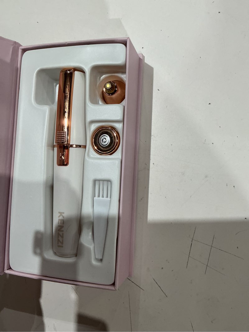 Condition photo showing As Is for kenzzi 2-in-1 rechargeable women’s face electric shaver and facial hair remover with eyebrow trimmer, white and rose gold