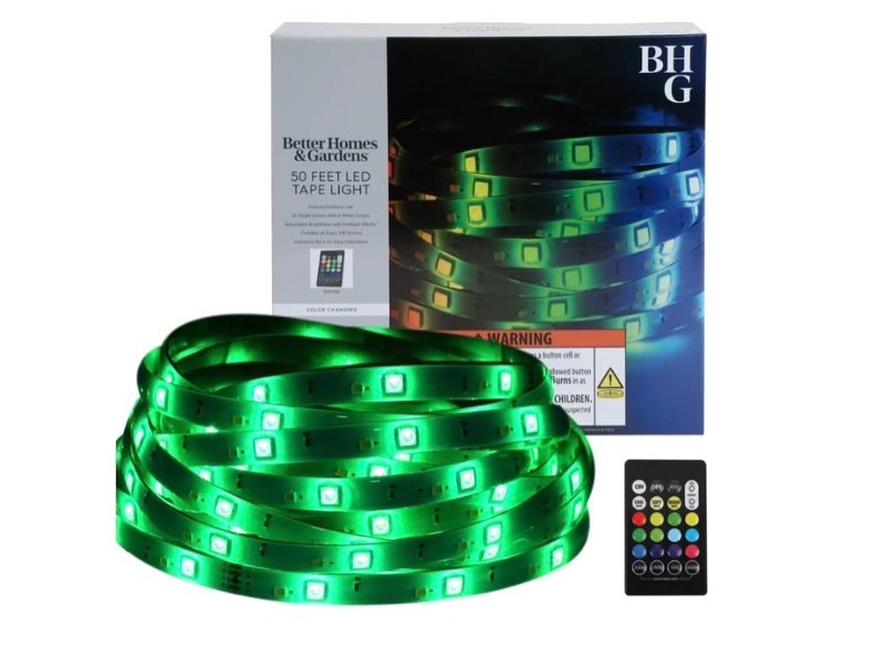 better homes & gardens 50ft color-changing led tape light, remote, indoor/outdoor, 1 count