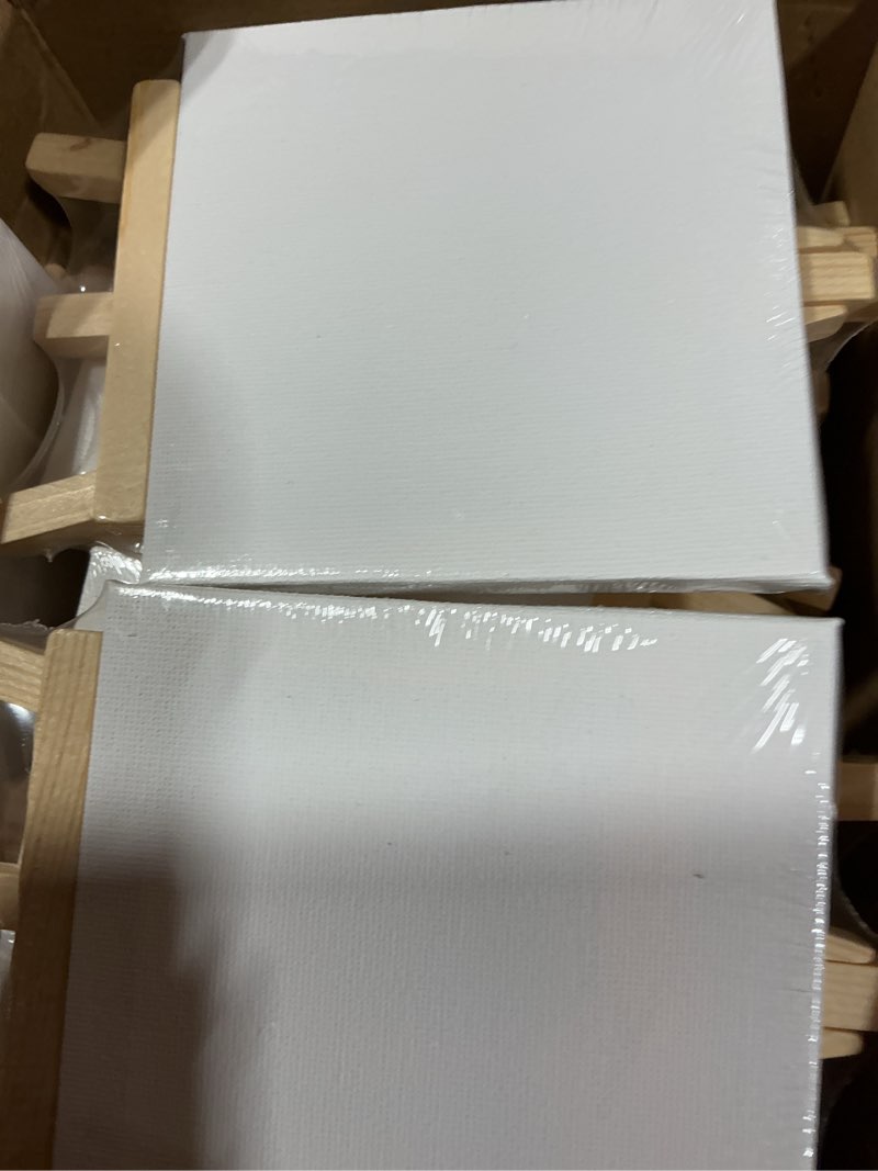Condition photo showing New/Like New for mimorou 32 pack mini canvas with easel sets for painting small art stretched canvas panels pack with wood display easel for classroom crafts, art projects, birthday paint party favors (4 x 4 inch) 4 x 4 inch 32