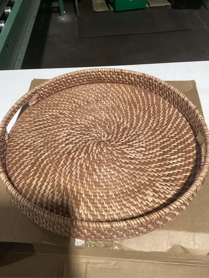 Condition photo showing Good Condition for 16.9 inch Rattan Tray, Round Wicker Tray with Cut-Out Handles, Woven Serving Tray for Dining/Coffee Table 16.9"