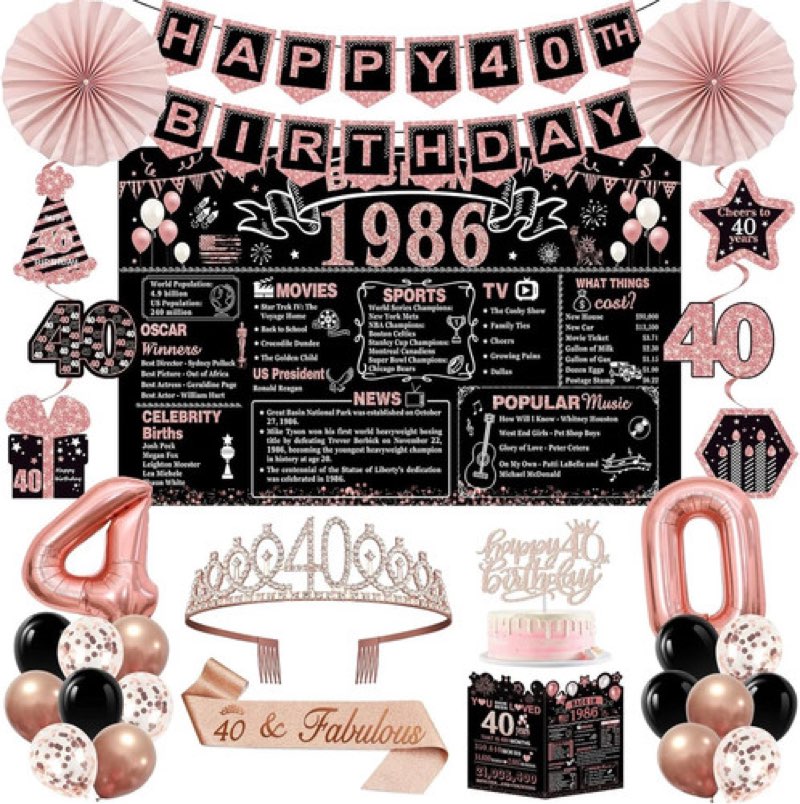 40th birthday decorations for women,32pcs back in 1986 birthday party decorations,including backdrop